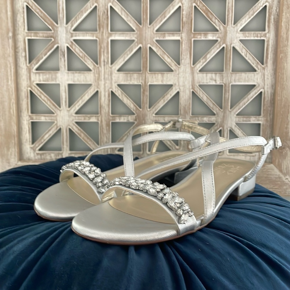 Naturalizer Macy sandals in silver and blush with rhinestones.